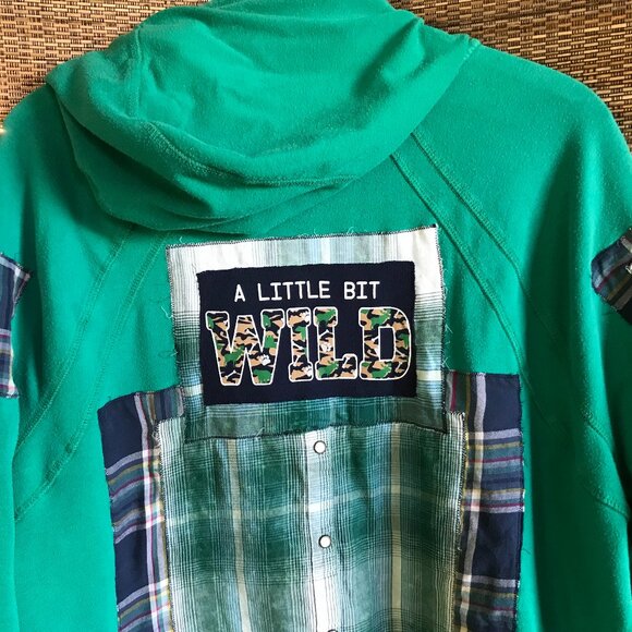 Upcycled Patchwork Hoodie, XL-1X: Grungy Zip-Up Hooded Jacket, A Little Bit Wild - Picture 10 of 11